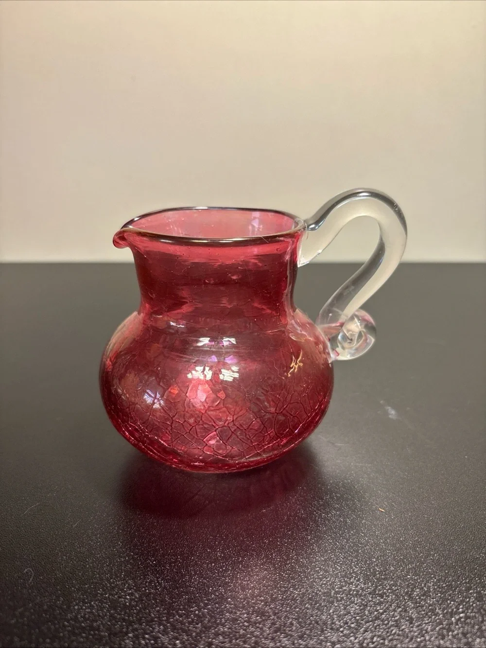 Handblown Cranberry Glass Creamer and Sugar Set with Clear Handles